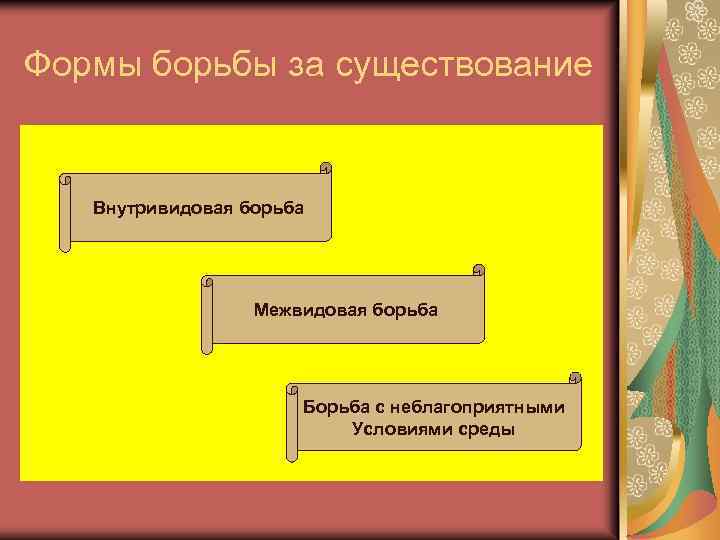 Формы борьбы за существование Внутривидовая борьба Межвидовая борьба Борьба с неблагоприятными Условиями среды 