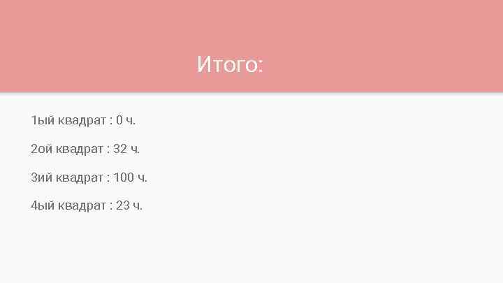 Итого: 1 ый квадрат : 0 ч. 2 ой квадрат : 32 ч. 3