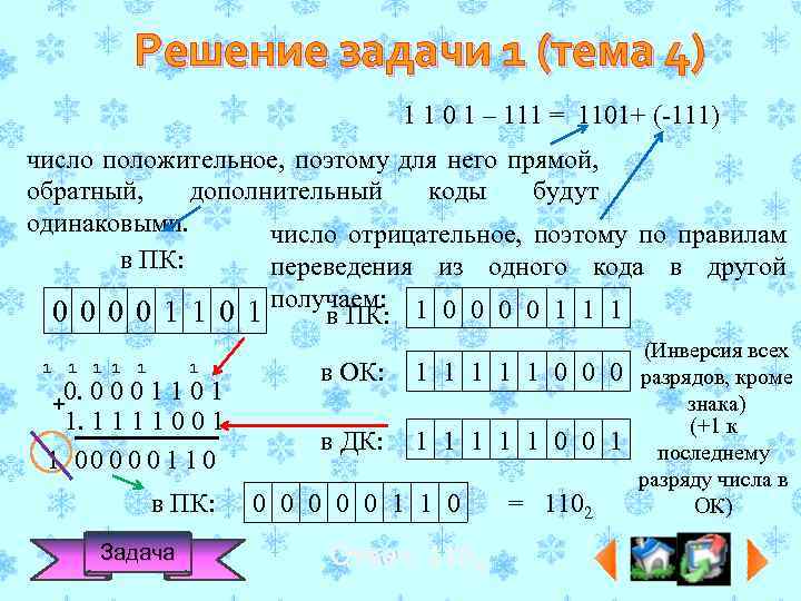Решение задачи 1 (тема 4) 1 1 0 1 – 111 = 1101+ (-111)