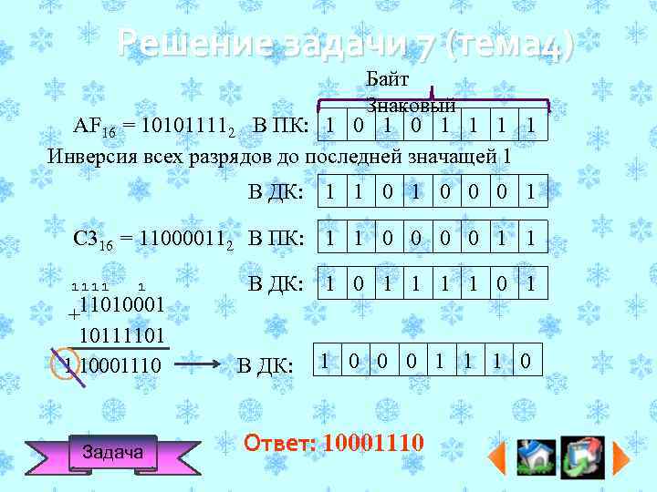 Решение задачи 7 (тема 4) Байт Знаковый АF 16 = 101011112 В ПК: 1