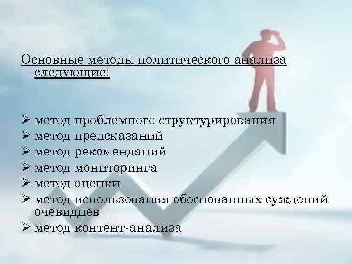 Основные методы политического анализа следующие: Ø метод проблемного структурирования Ø метод предсказаний Ø метод