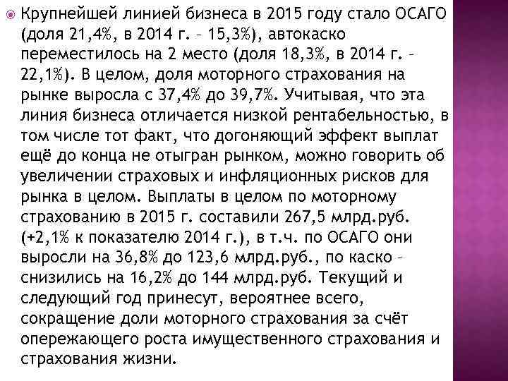  Крупнейшей линией бизнеса в 2015 году стало ОСАГО (доля 21, 4%, в 2014