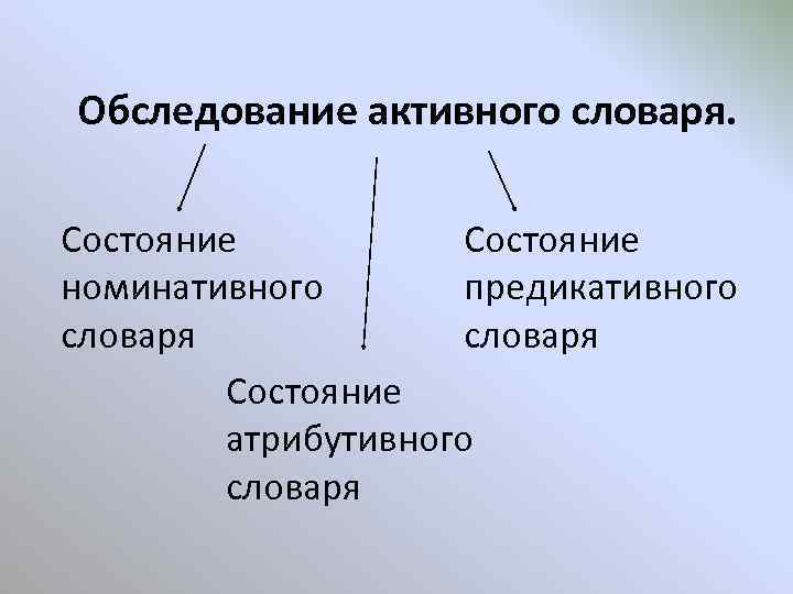 Обследование активного словаря. Состояние номинативного предикативного словаря Состояние атрибутивного словаря 