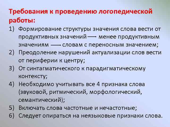 Требования к проведению логопедической работы: 1) Формирование структуры значения слова вести от продуктивных значений