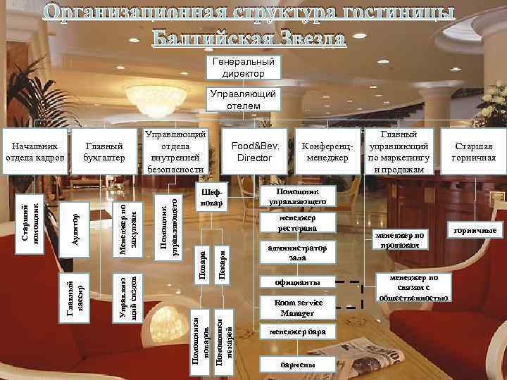 Организационная структура гостиницы Балтийская Звезда Генеральный директор Управляющий отелем Food&Bev. Director Шефповар Конференцменеджер Пекари