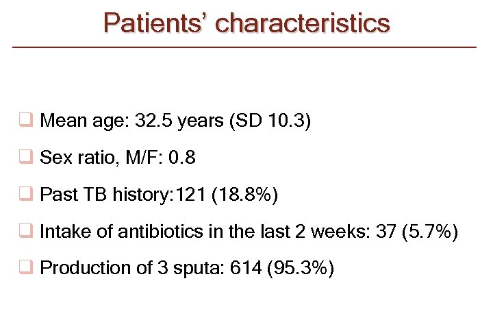 Patients’ characteristics q Mean age: 32. 5 years (SD 10. 3) q Sex ratio,