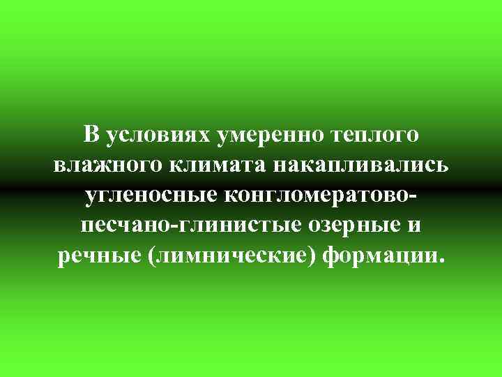 В условиях умеренно теплого влажного климата накапливались угленосные конгломератовопесчано-глинистые озерные и речные (лимнические) формации.