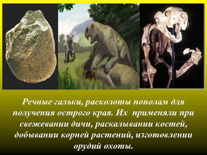 Речные гальки, расколоты пополам для получения острого края. Их применяли при свежевании дичи, раскалывании