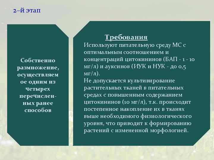 2–й этап Требования Собственно размножение, осуществляем ое одним из четырех перечисленных ранее способов Используют