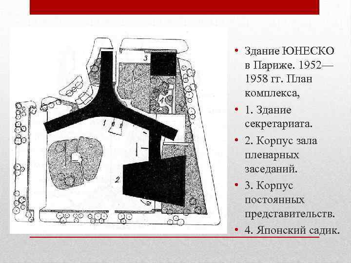  • Здание ЮНЕСКО в Париже. 1952— 1958 гг. План комплекса, • 1. Здание