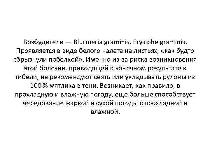 Возбудители — Blurmeria graminis, Erysiphe graminis. Проявляется в виде белого налета на листьях, «как