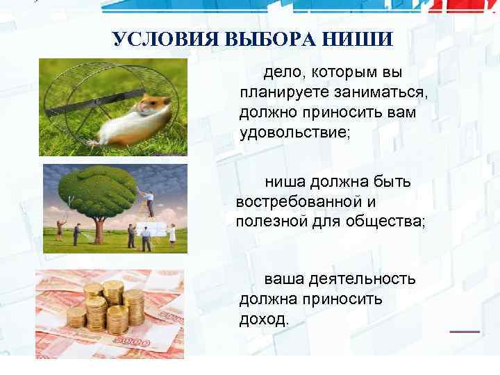 УСЛОВИЯ ВЫБОРА НИШИ дело, которым вы планируете заниматься, должно приносить вам удовольствие; ниша должна