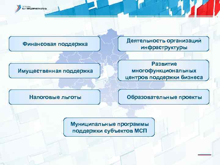 Финансовая поддержка Деятельность организаций инфраструктуры Имущественная поддержка Развитие многофункциональных центров поддержки бизнеса Налоговые льготы