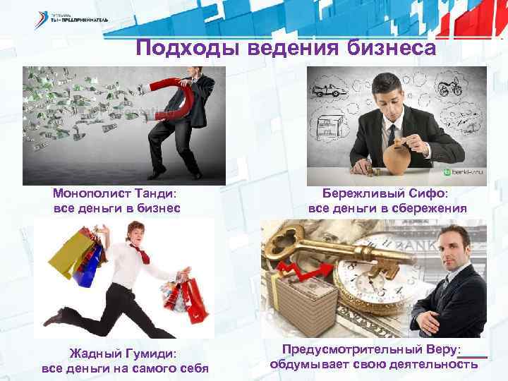 Подходы ведения бизнеса Монополист Танди: все деньги в бизнес Жадный Гумиди: все деньги на