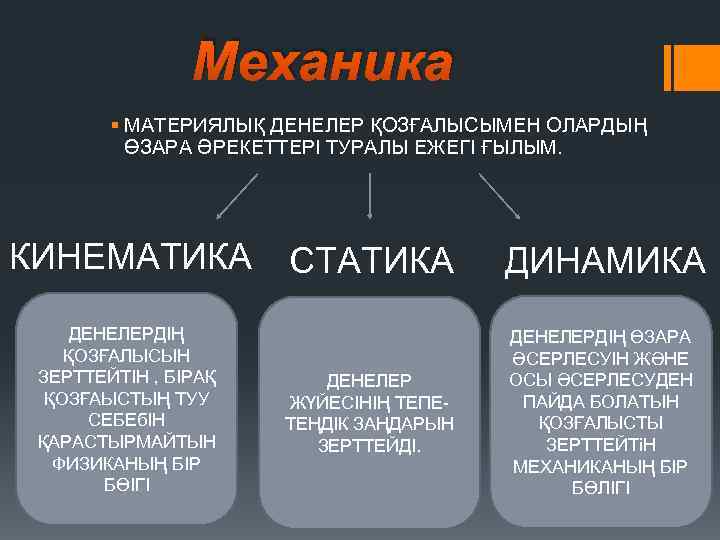 Механика § МАТЕРИЯЛЫҚ ДЕНЕЛЕР ҚОЗҒАЛЫСЫМЕН ОЛАРДЫҢ ӨЗАРА ӘРЕКЕТТЕРІ ТУРАЛЫ ЕЖЕГІ ҒЫЛЫМ. КИНЕМАТИКА ДЕНЕЛЕРДІҢ ҚОЗҒАЛЫСЫН