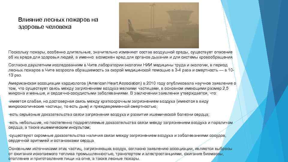 Влияние лесных пожаров на здоровье человека Поскольку пожары, особенно длительные, значительно изменяют состав воздушной