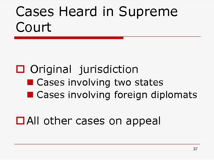 Cases Heard in Supreme Court o Original jurisdiction n Cases involving two states n