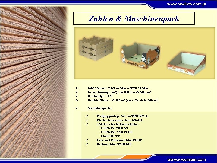 www. rawibox. com. pl Zahlen & Maschinenpark v v 2008 Umsatz: PLN 49 Mio.