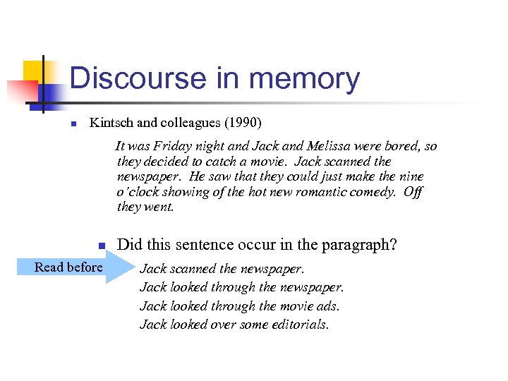 Discourse in memory n Kintsch and colleagues (1990) It was Friday night and Jack