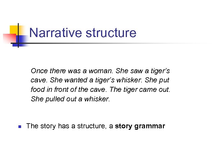 Narrative structure Once there was a woman. She saw a tiger’s cave. She wanted