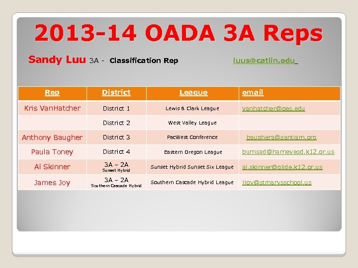 2013 -14 OADA 3 A Reps Sandy Luu 3 A - Classification Rep luus@catlin.