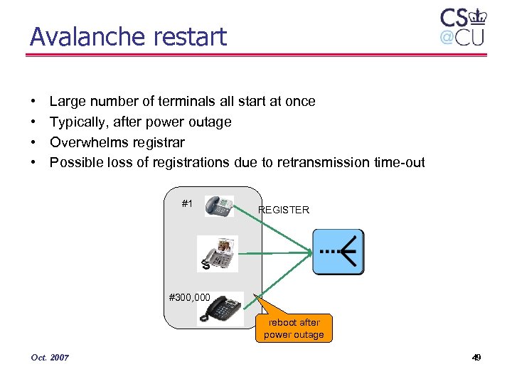 Avalanche restart • • Large number of terminals all start at once Typically, after