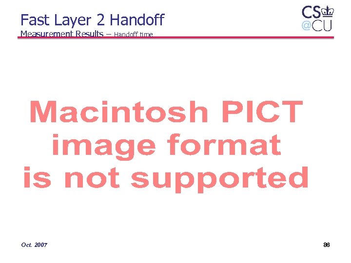 Fast Layer 2 Handoff Measurement Results – Oct. 2007 Handoff time 86 