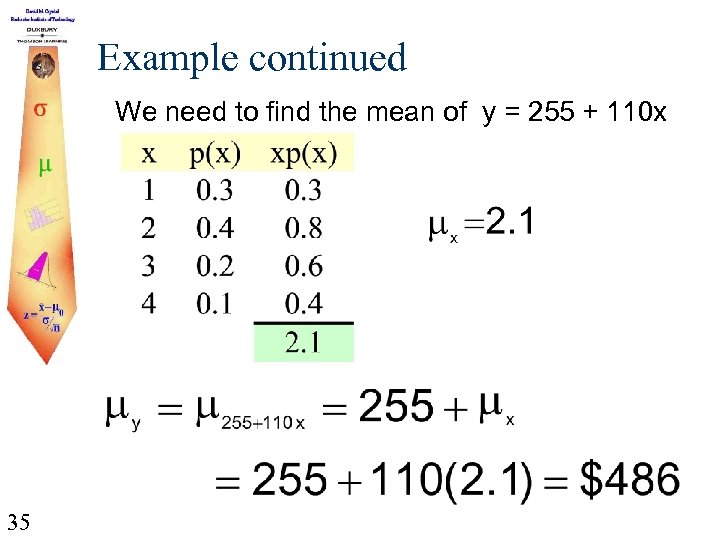 Example continued We need to find the mean of y = 255 + 110