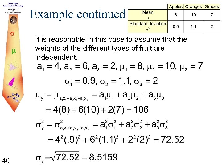 Example continued It is reasonable in this case to assume that the weights of