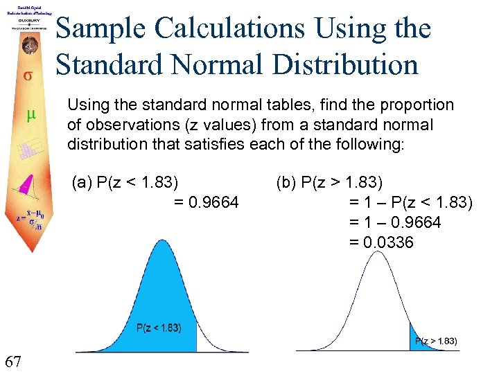 Sample Calculations Using the Standard Normal Distribution Using the standard normal tables, find the