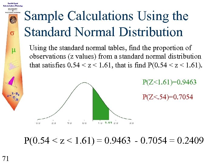 Sample Calculations Using the Standard Normal Distribution Using the standard normal tables, find the