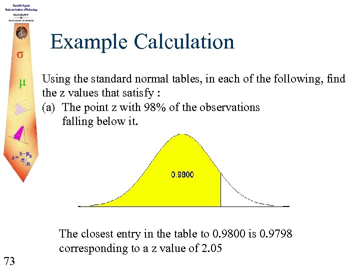 Example Calculation Using the standard normal tables, in each of the following, find the