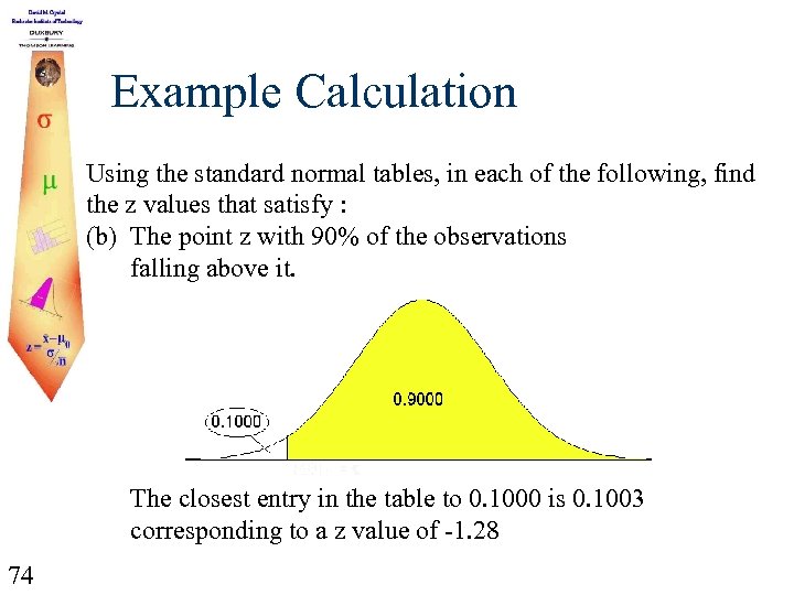 Example Calculation Using the standard normal tables, in each of the following, find the