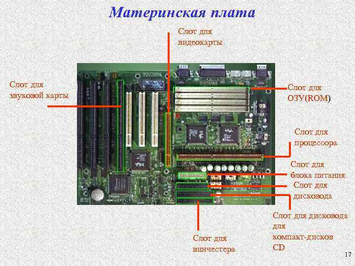 Материнская плата Слот для видеокарты Слот для звуковой карты Слот для ОЗУ(ROM) Слот для
