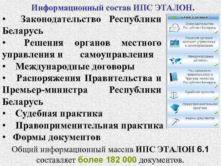  Информационный состав ИПС ЭТАЛОН. • Законодательство Республики Беларусь • Решения органов местного управления