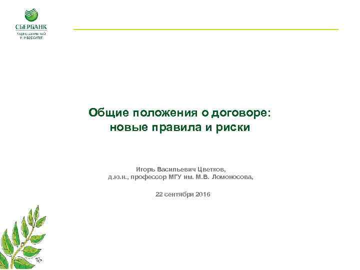 Общие положения о договоре: новые правила и риски Игорь Васильевич Цветков, д. ю. н.