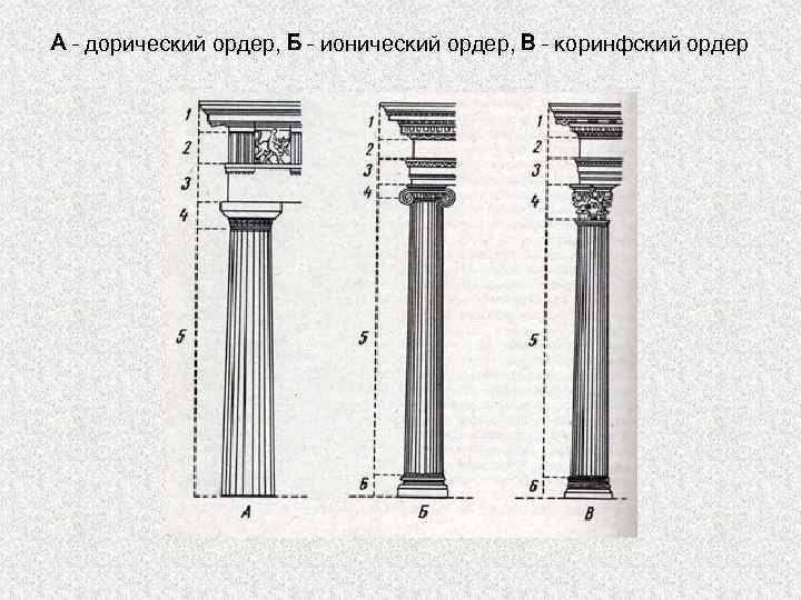 А – дорический ордер, Б – ионический ордер, В – коринфский ордер 