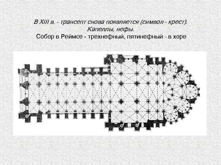 В XIII в. – трансепт снова появляется (символ – крест). Капеллы, нефы. Собор в