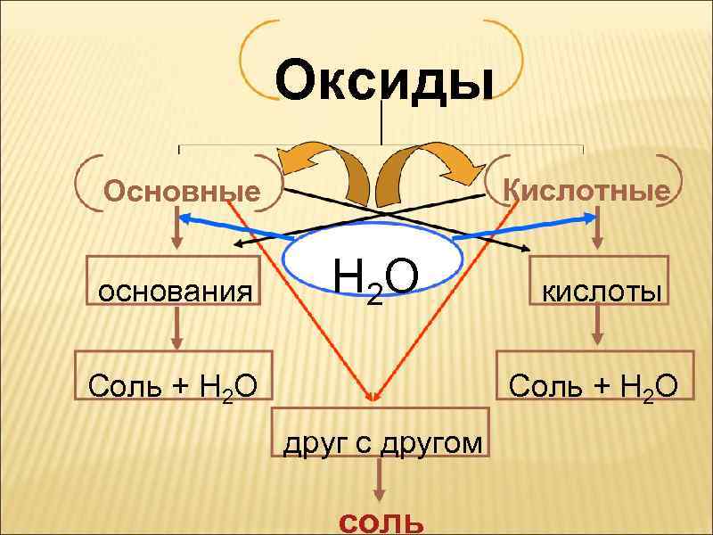 Оксиды Кислотные Основные основания Н 2 О Соль + Н 2 О кислоты Соль