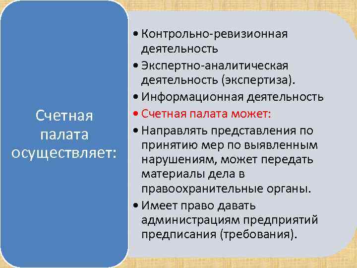 Счетная палата осуществляет: • Контрольно ревизионная деятельность • Экспертно аналитическая деятельность (экспертиза). • Информационная