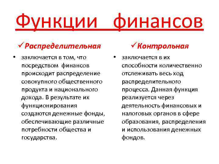 Функции финансов üРаспределительная üКонтрольная • заключается в том, что посредством финансов происходит распределение совокупного
