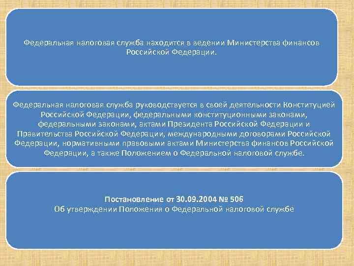 Федеральная налоговая служба находится в ведении Министерства финансов Российской Федерации. Федеральная налоговая служба руководствуется