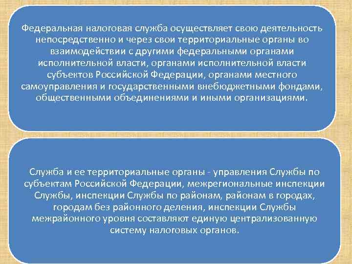 Федеральная налоговая служба осуществляет свою деятельность непосредственно и через свои территориальные органы во взаимодействии