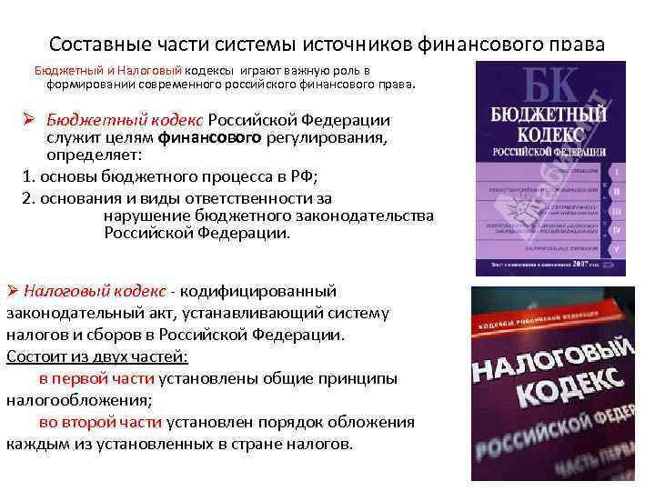 Составные части системы источников финансового права Бюджетный и Налоговый кодексы играют важную роль в