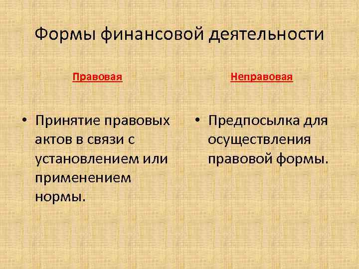 Формы финансовой деятельности Правовая Неправовая • Принятие правовых актов в связи с установлением или