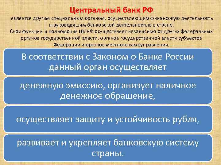 Центральный банк РФ является другим специальным органом, осуществляющим финансовую деятельность и руководящим банковской деятельностью