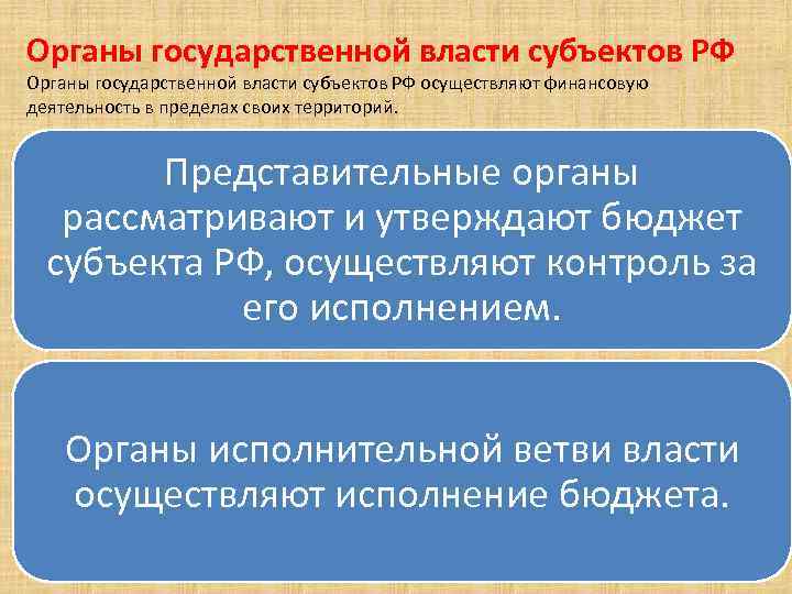 Органы государственной власти субъектов РФ осуществляют финансовую деятельность в пределах своих территорий. Представительные органы