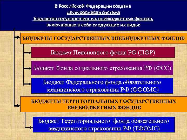 В Российской Федерации создана двухуровневая система бюджетов государственных внебюджетных фондов, включающая в себя следующие