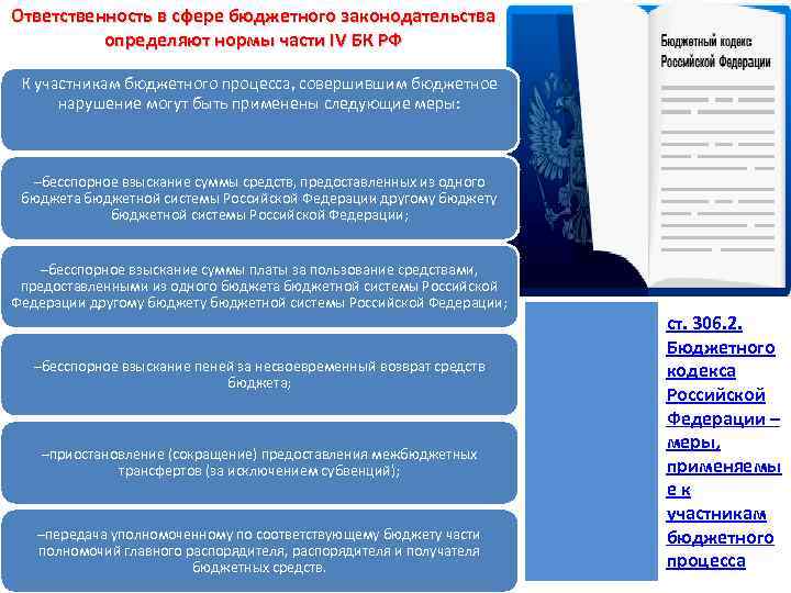 Ответственность в сфере бюджетного законодательства определяют нормы части IV БК РФ К участникам бюджетного