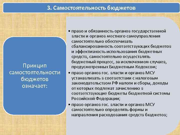 3. Самостоятельность бюджетов Принцип самостоятельности бюджетов означает: • право и обязанность органов государственной власти
